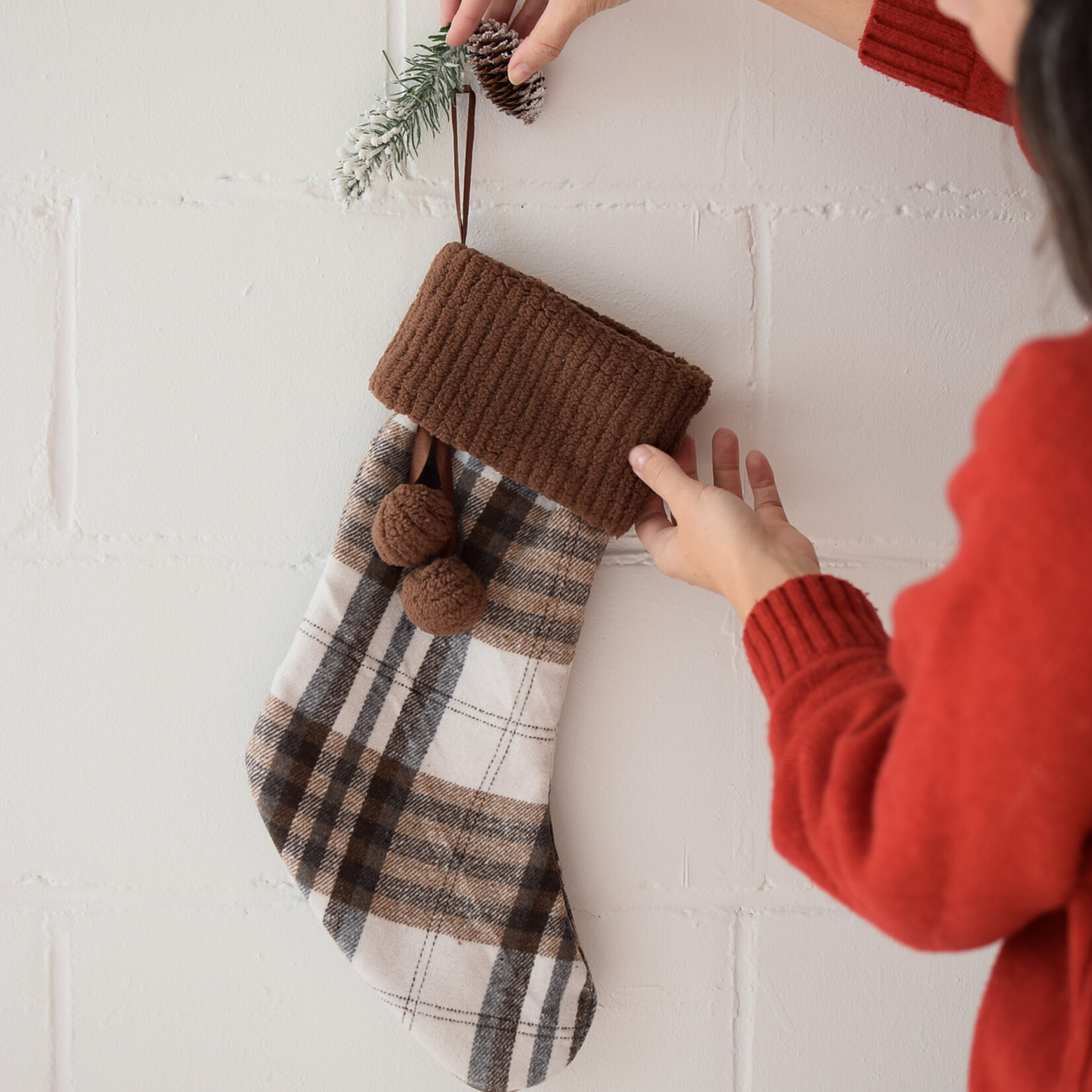 Christmas stockings brown and white check