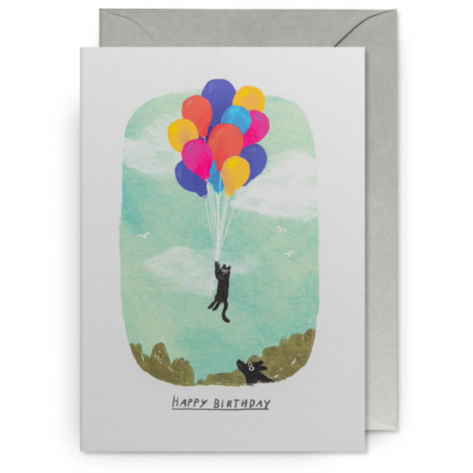Carte de souhaits -  Chat flottant avec des ballons d'anniversaire (Anglais)