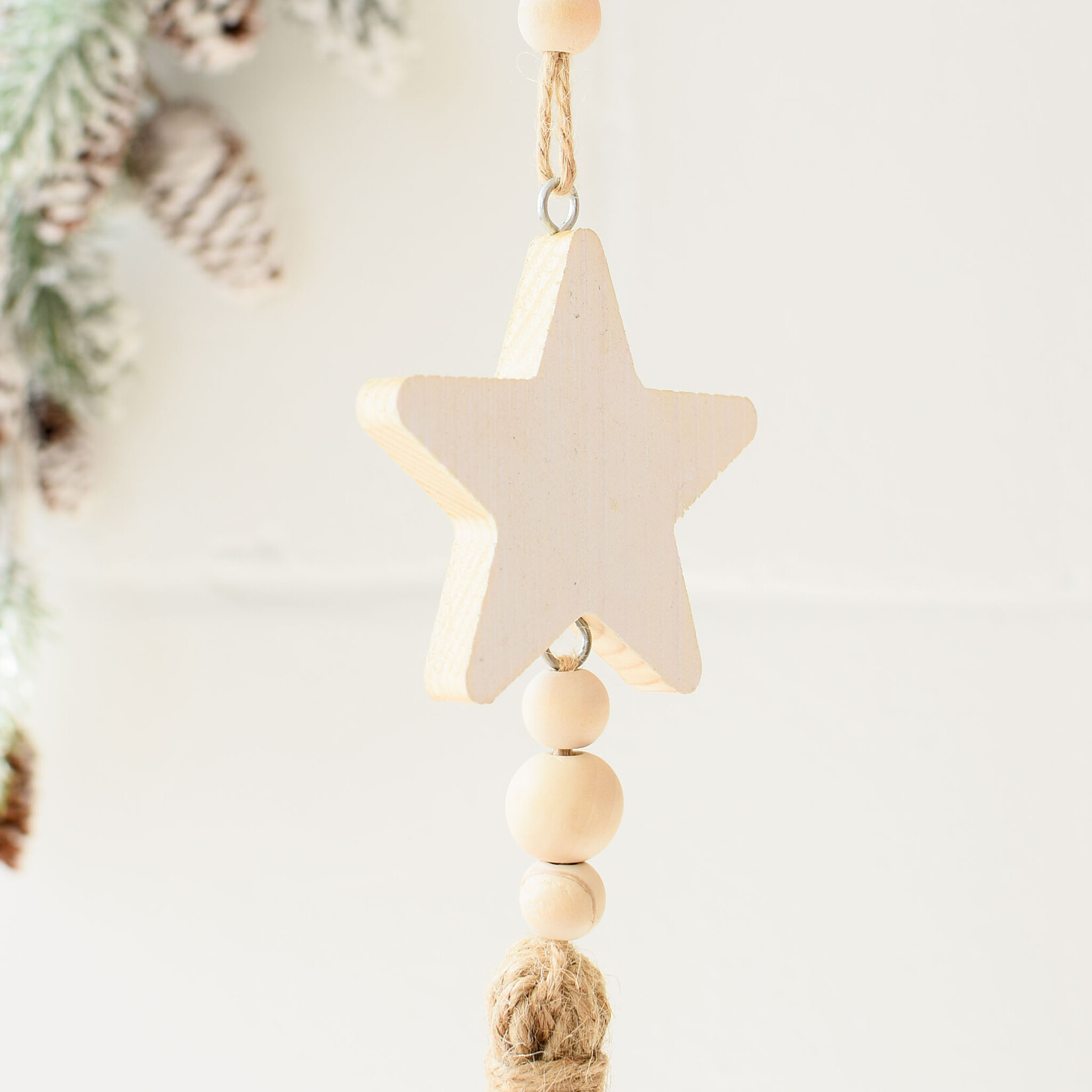 Star ornament, wood, beads and pompon