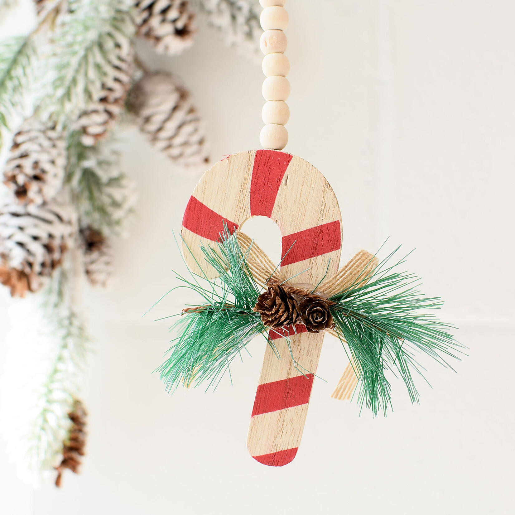 Candy cane and pearl ornaments