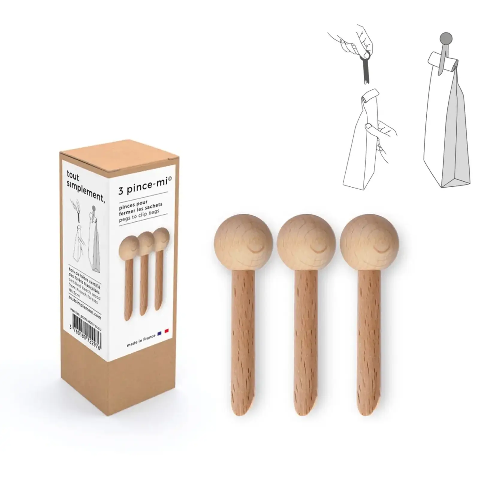 Tout Simplement Trio of wooden bag clips Pince-mi