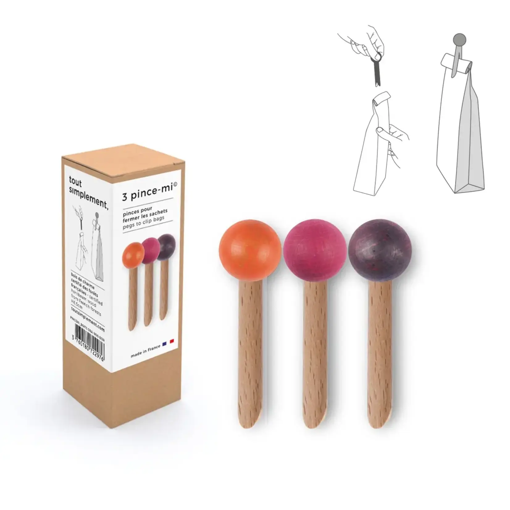 Trio de pinces à sachet en bois Pince-mi