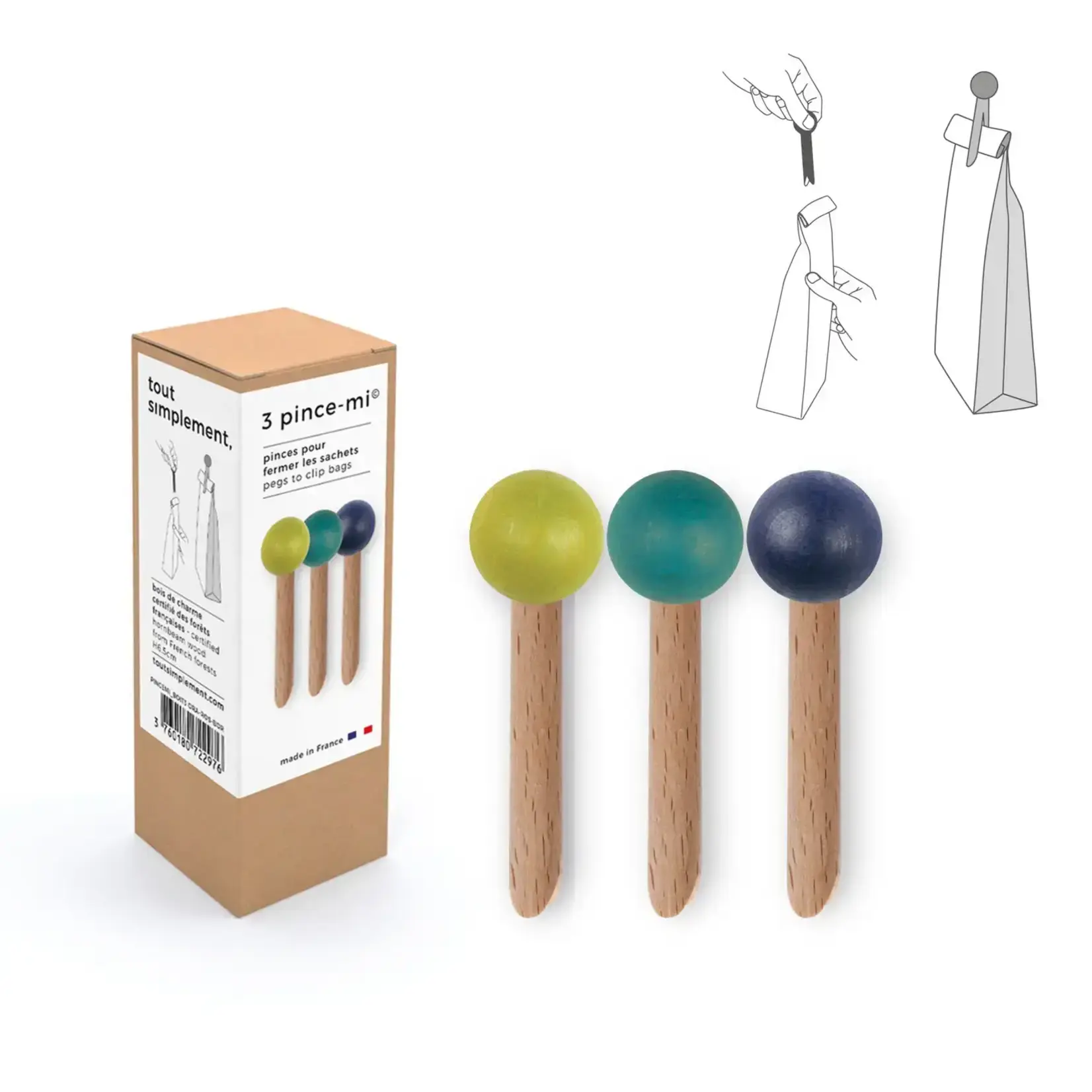 Trio of wooden bag clips Pince-mi
