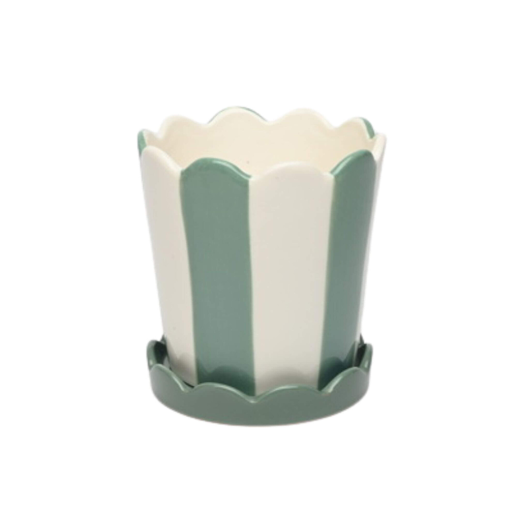 Scalloped plant pot and base - Sage stripes (2 sizes)
