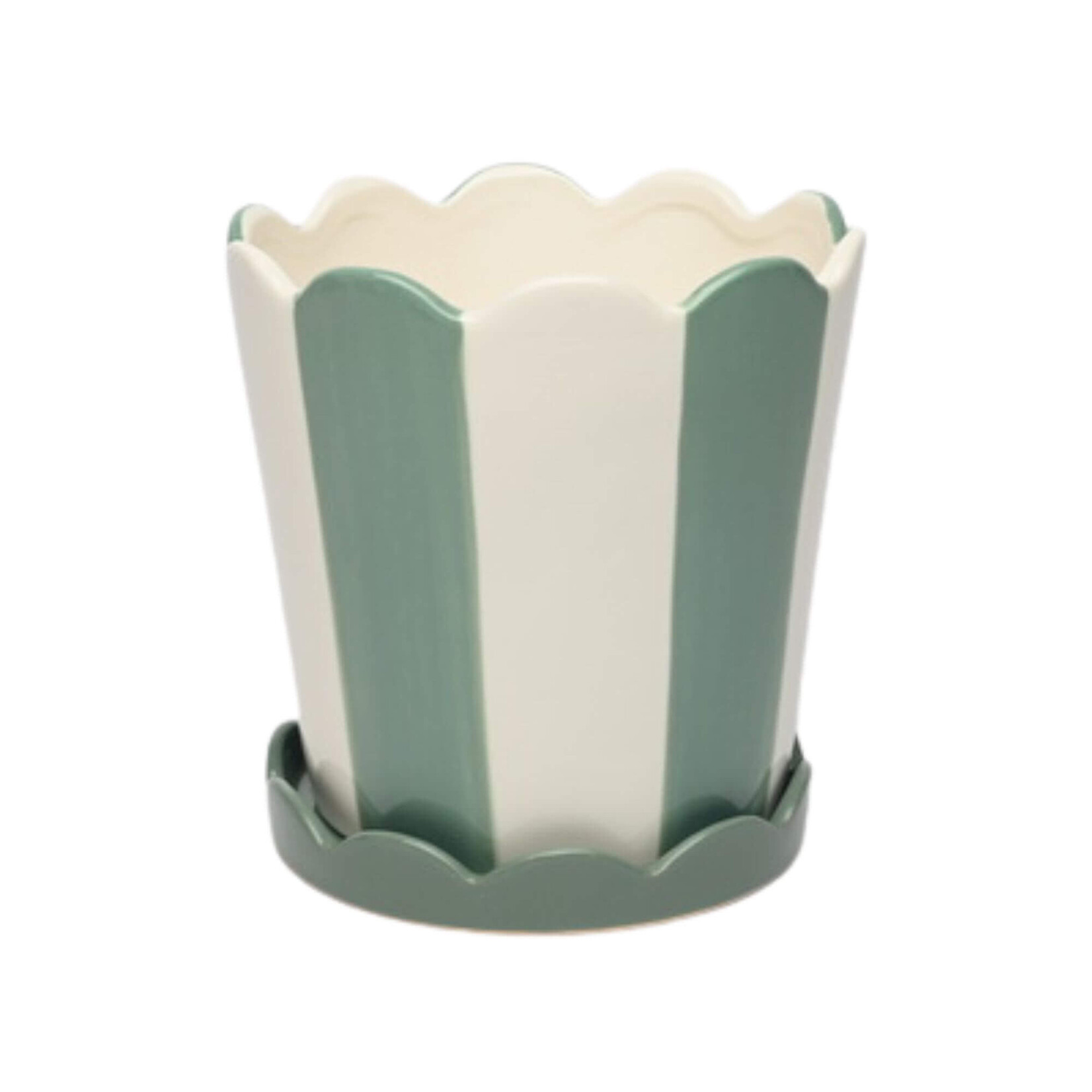 Scalloped plant pot and base - Sage stripes (2 sizes)