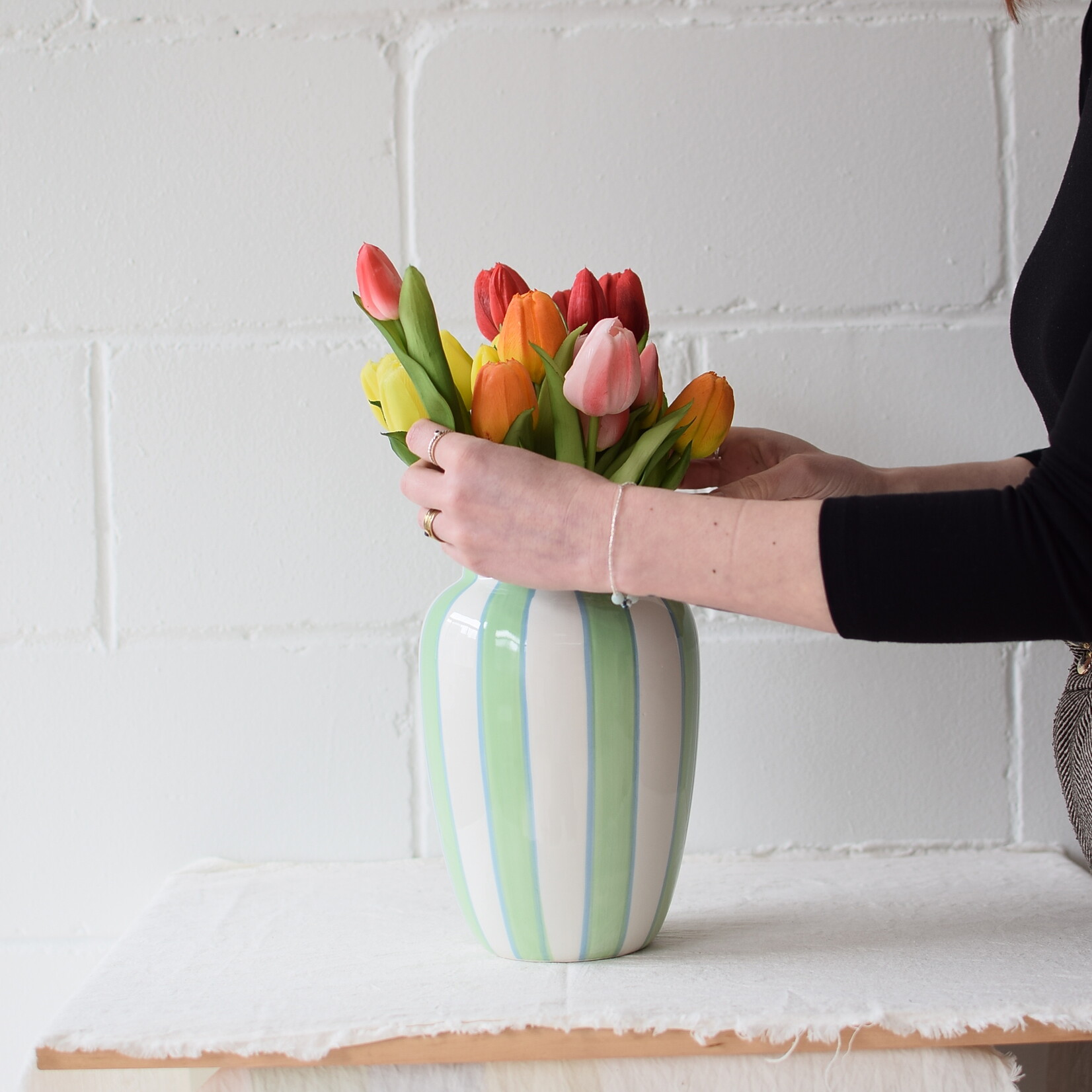 Green striped vase - 24cm