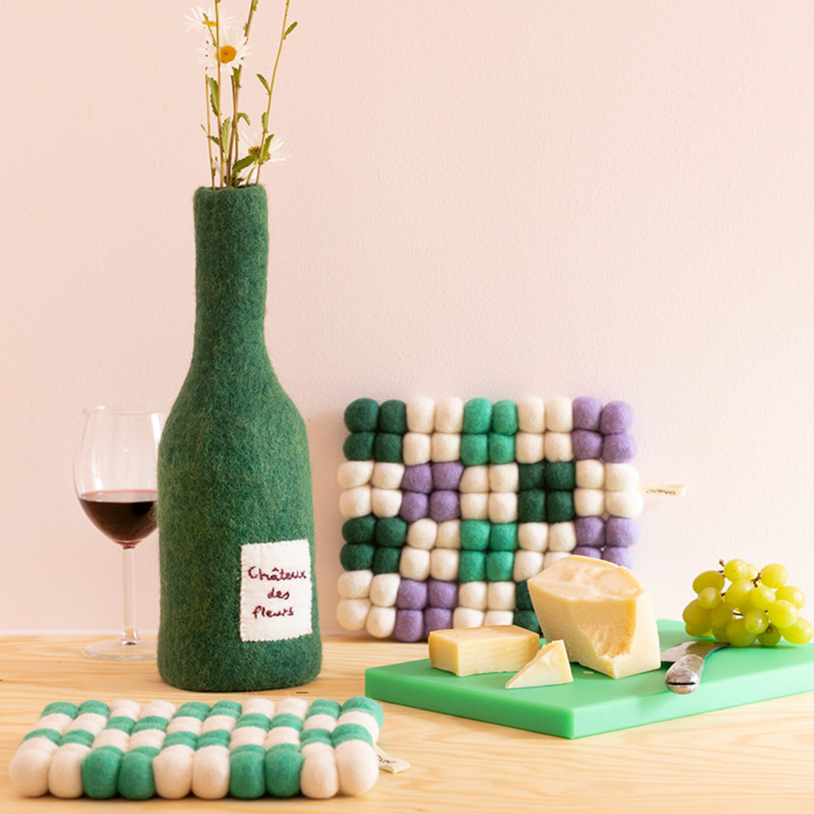 Couvre-bouteille en laine - Vert "Château des fleurs"
