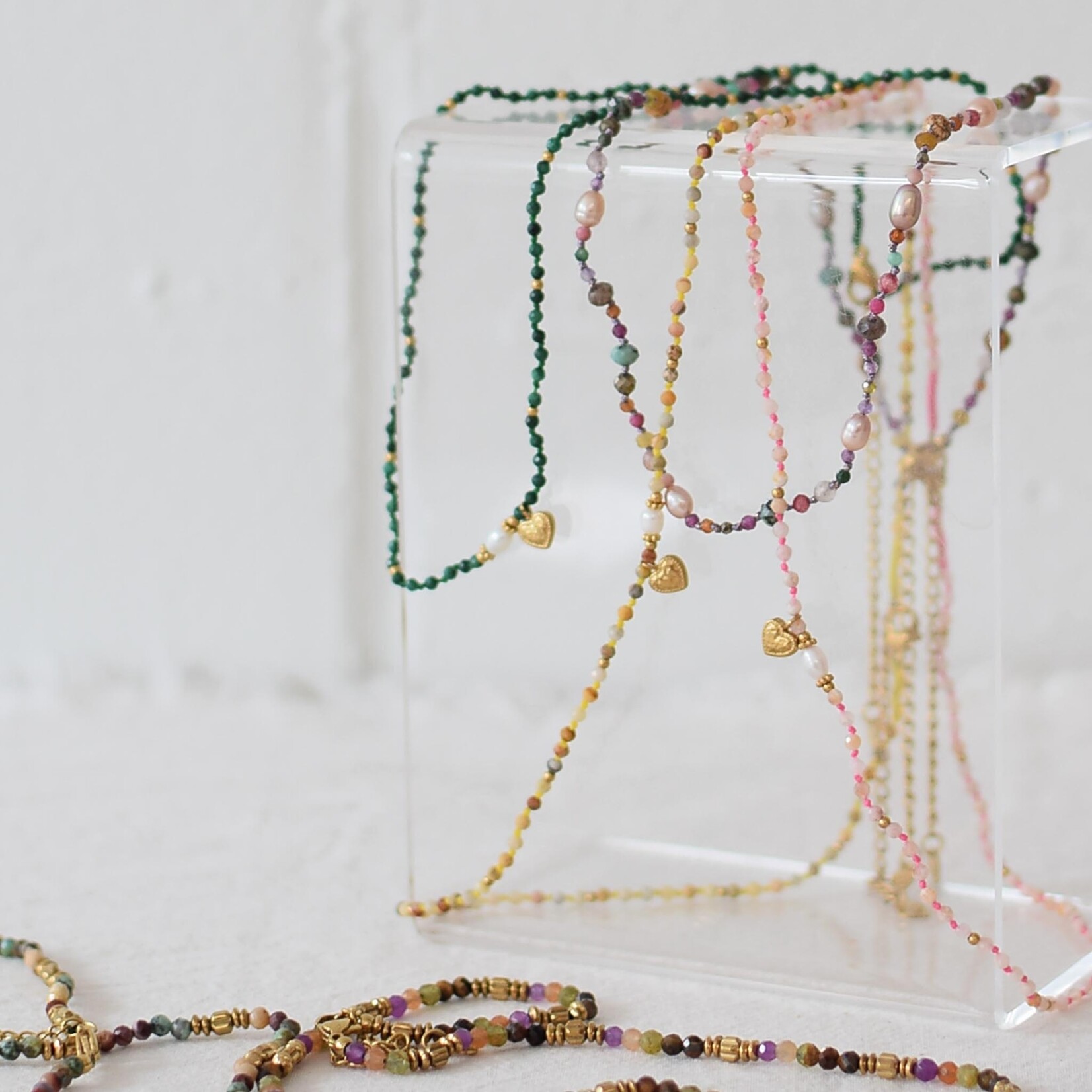 Necklace with Freshwater Pearls and stones - Heart pendant