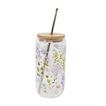 Verre couvercle/ paille - Fleurettes