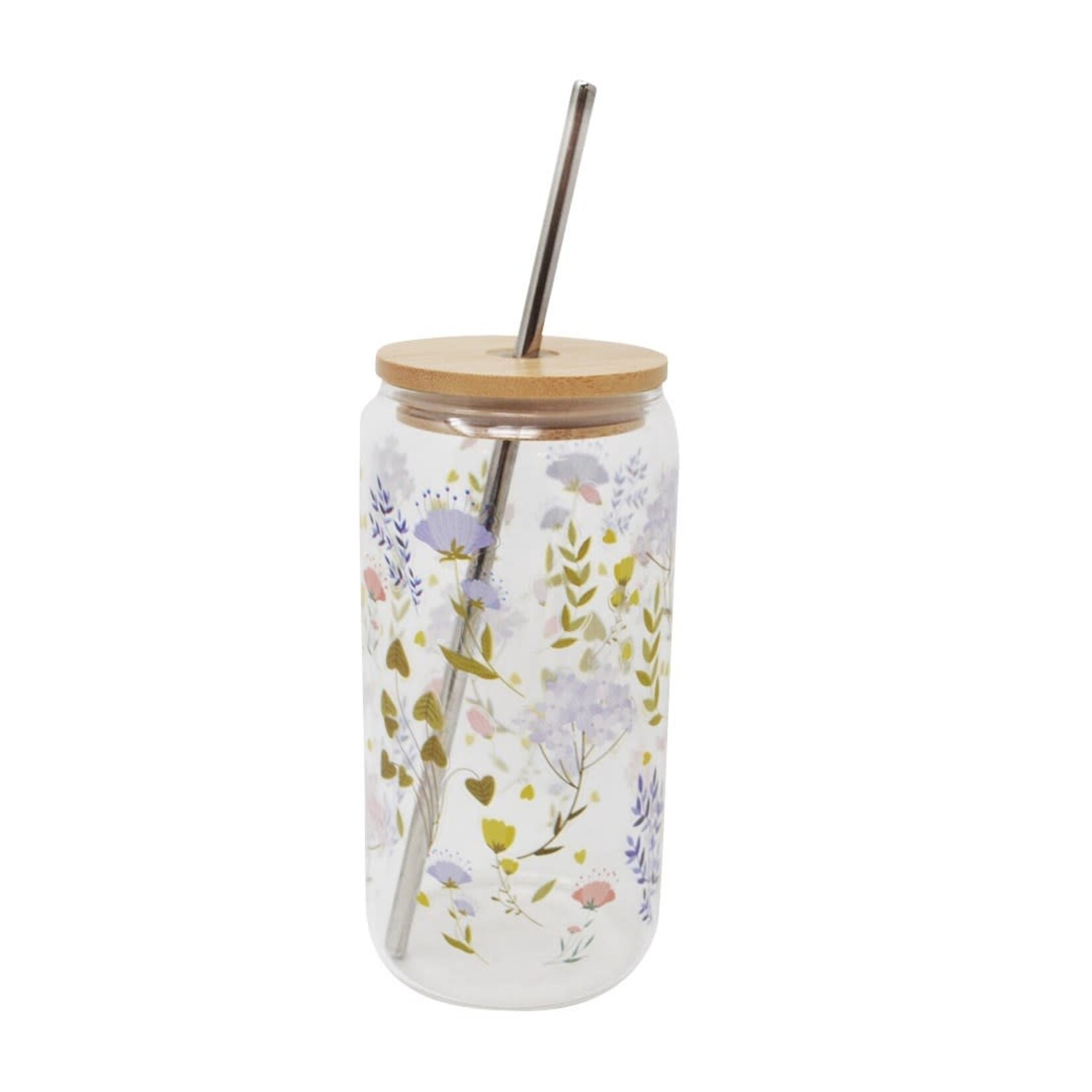 Verre couvercle/ paille - Fleurettes