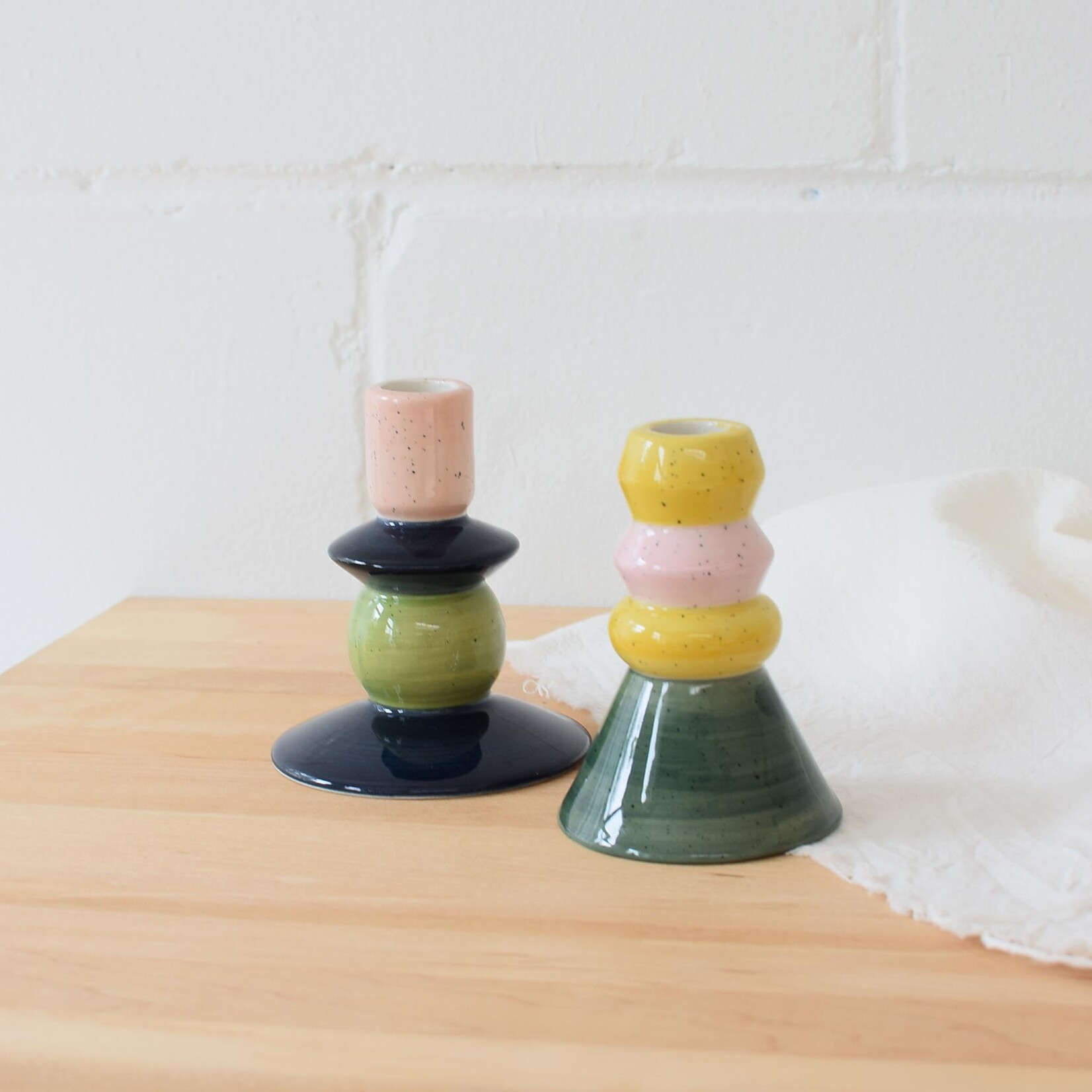 Candle Holder - Pink, Gray, and Green Angled Design