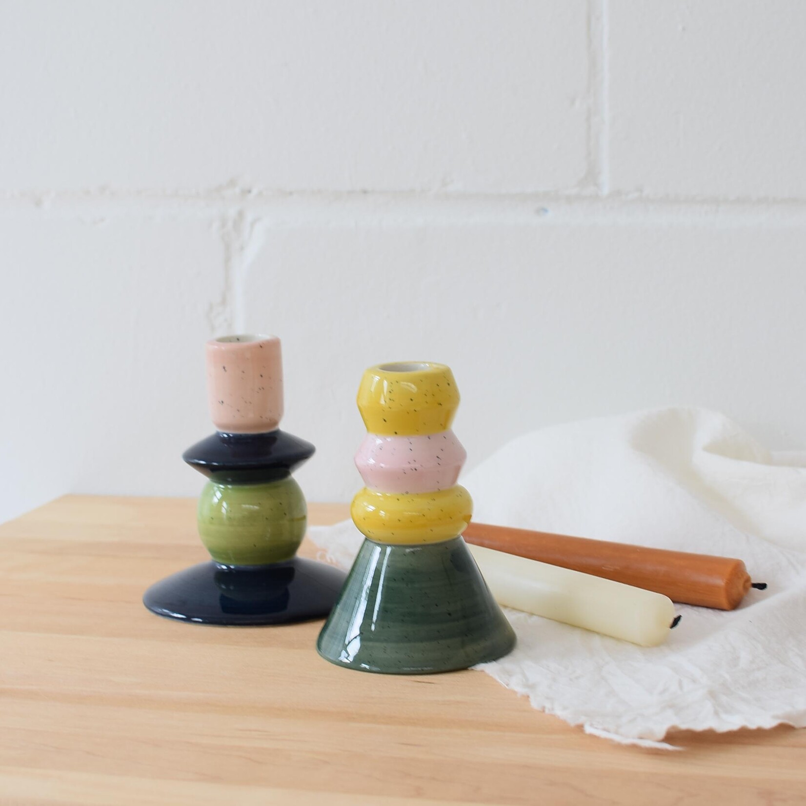 Candle Holder - Pink, Gray, and Green Angled Design