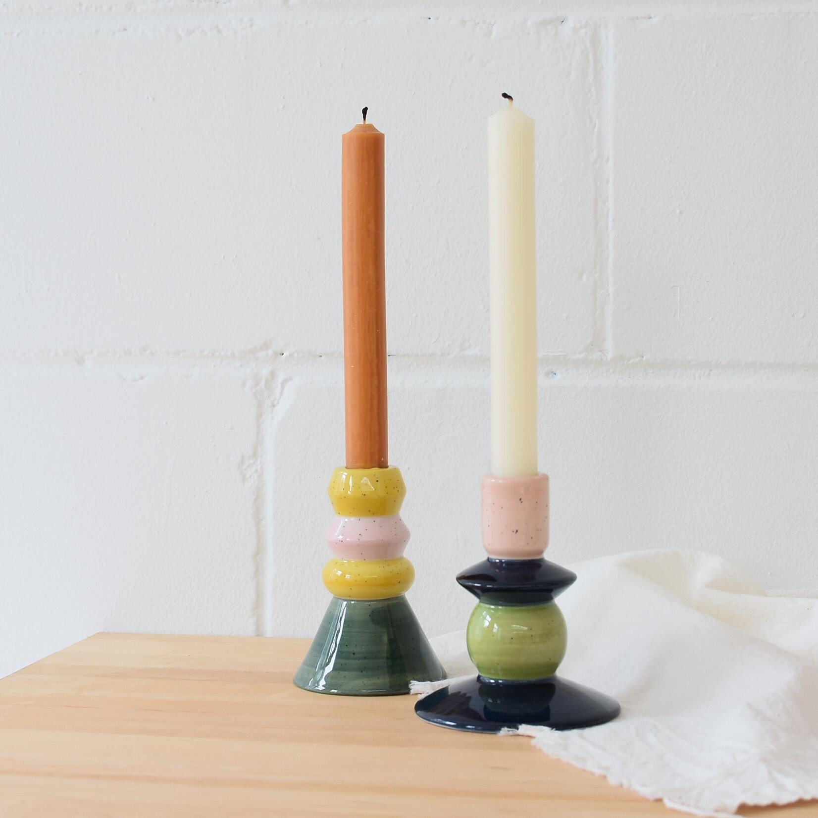 Candle Holder - Pink, Gray, and Green Angled Design