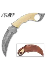 Timber Wolf Creamy Bone Karambit Knife With Sheath - Damascus Steel Blade