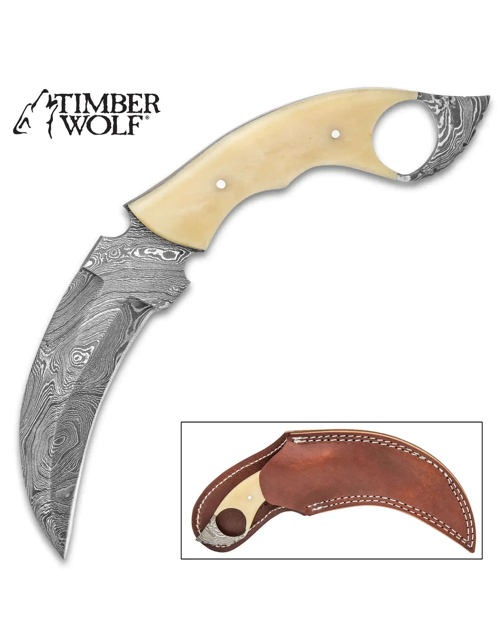 Timber Wolf Creamy Bone Karambit Knife With Sheath - Damascus Steel Blade