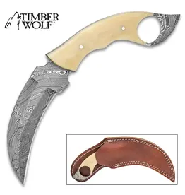 Timber Wolf Creamy Bone Karambit Knife With Sheath - Damascus Steel Blade