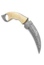 Timber Wolf Creamy Bone Karambit Knife With Sheath - Damascus Steel Blade