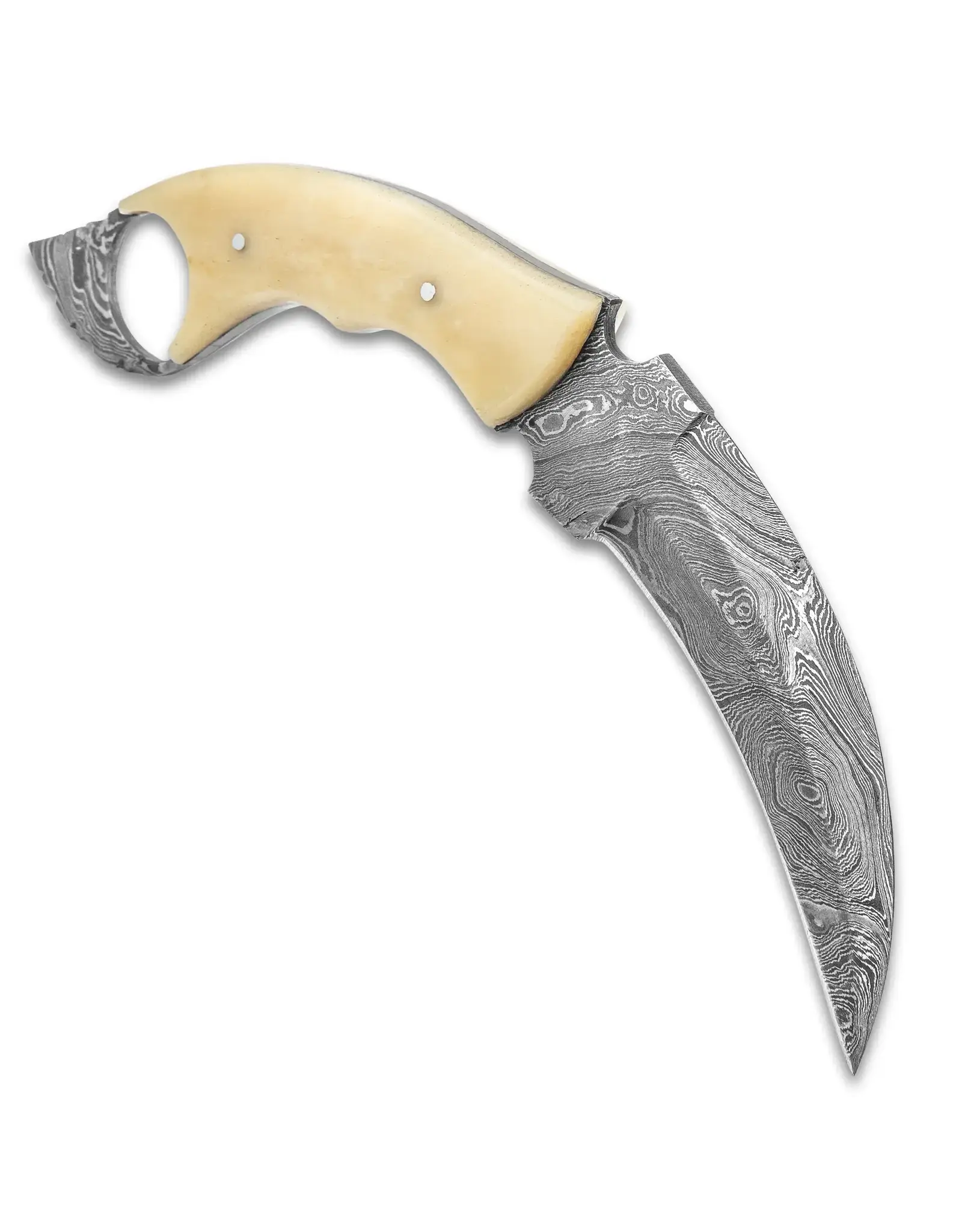 Timber Wolf Creamy Bone Karambit Knife With Sheath - Damascus Steel Blade