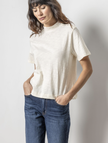 Lilla P Button Shoulder Mock Neck