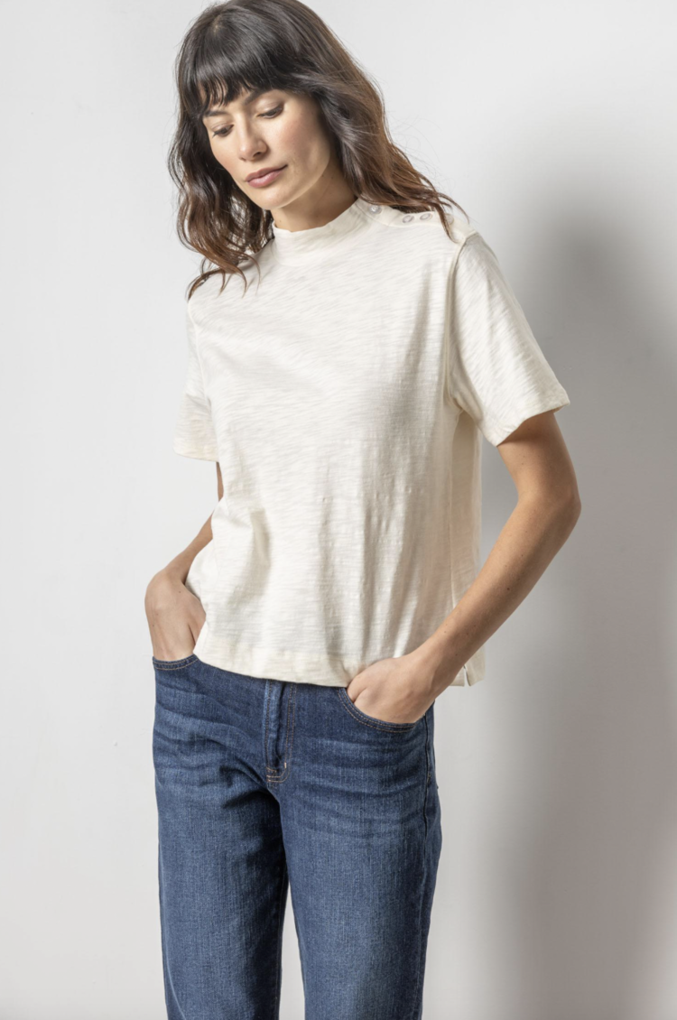 Lilla P Button Shoulder Mock Neck