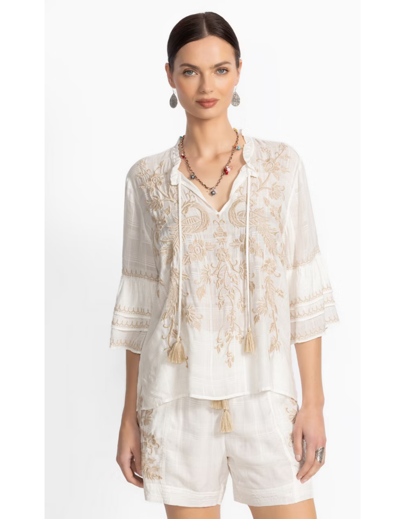 Johnny Was JWas W19725-3 Ruffle Sleeve Blouse White Kamala