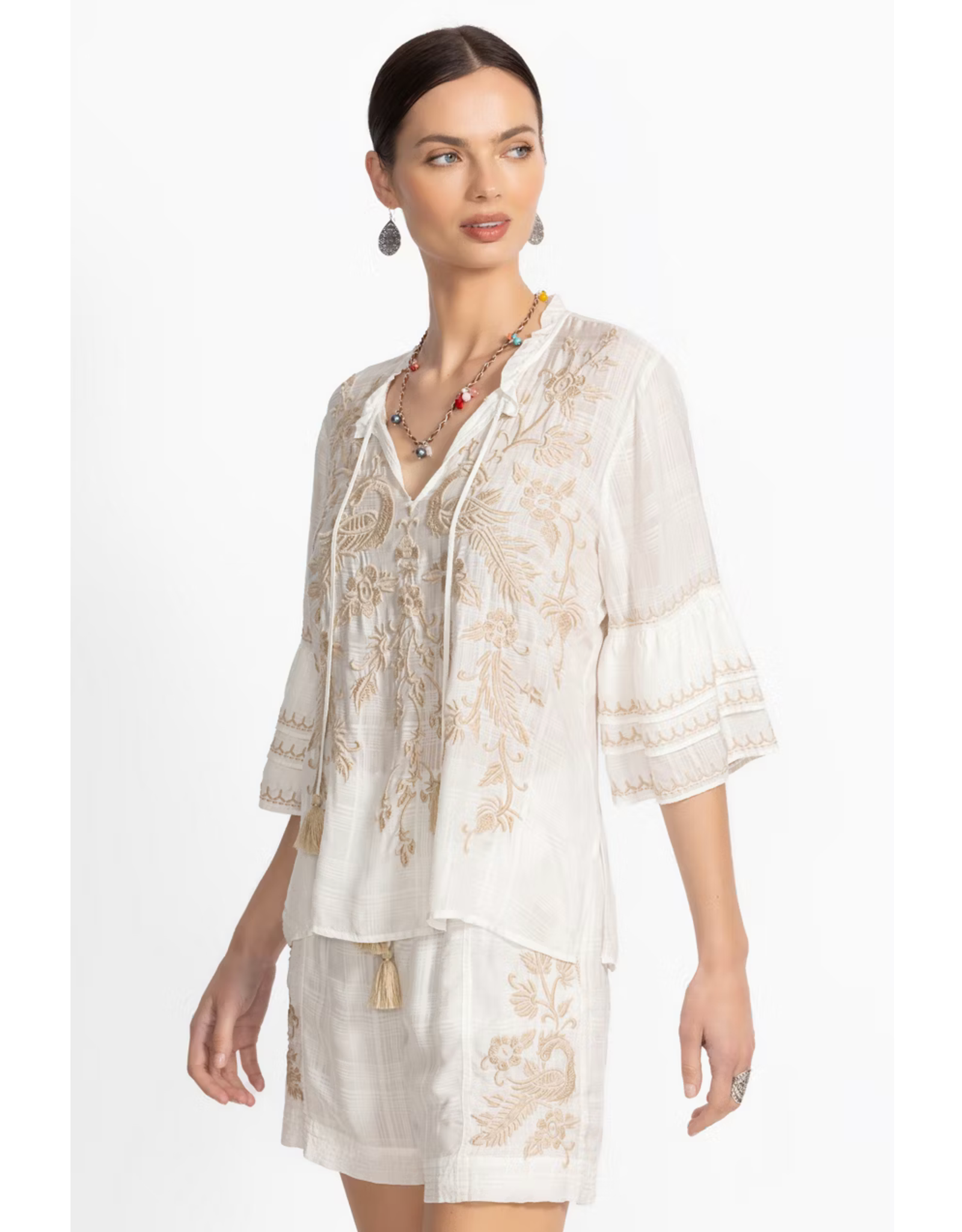 Johnny Was JWas W19725-3 Ruffle Sleeve Blouse White Kamala