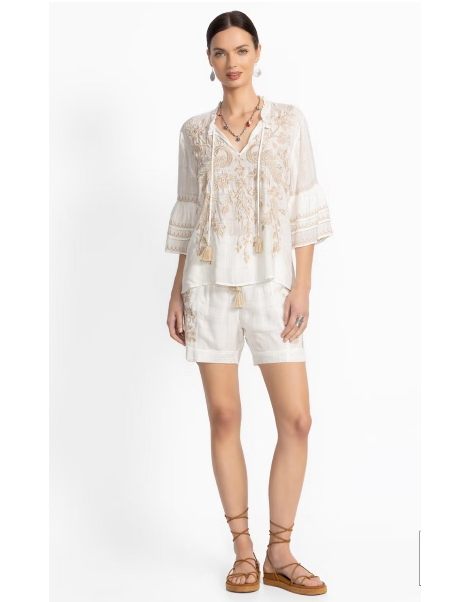 Johnny Was JWas W19725-3 Ruffle Sleeve Blouse White Kamala