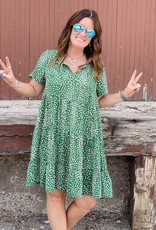 Wandering Wagon Kelly green printed tiered dress with side pockets  TC1846