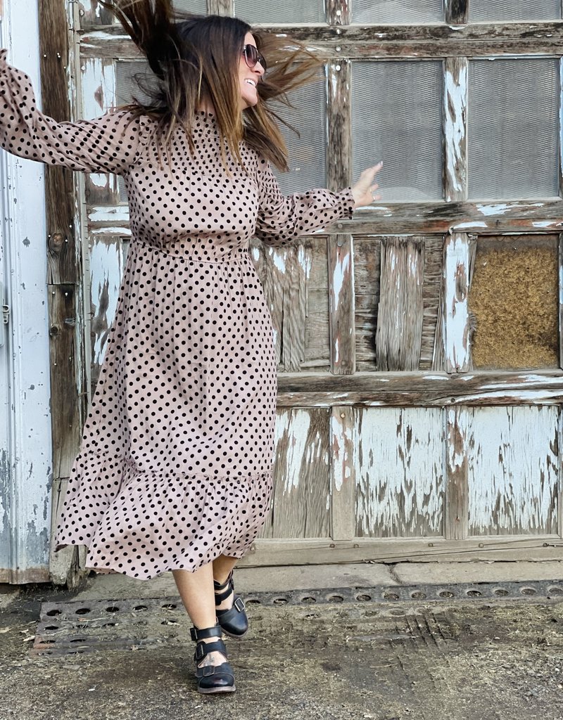 Wandering Wagon Cocoa and black polka dot dress with a mock neck detail  CR1385