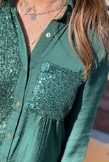 Wandering Wagon Hunter green button down sequin dress