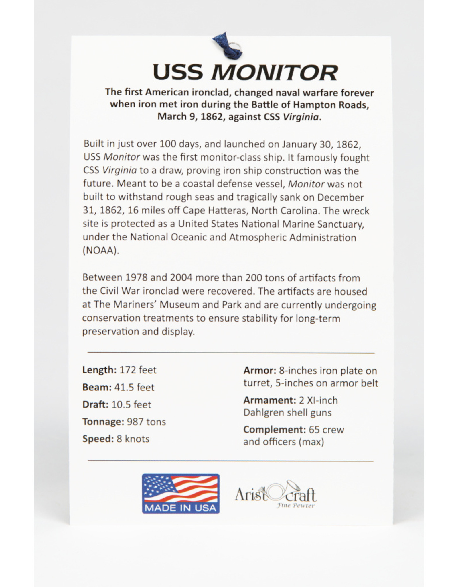USS Monitor Pewter Ornament 2019