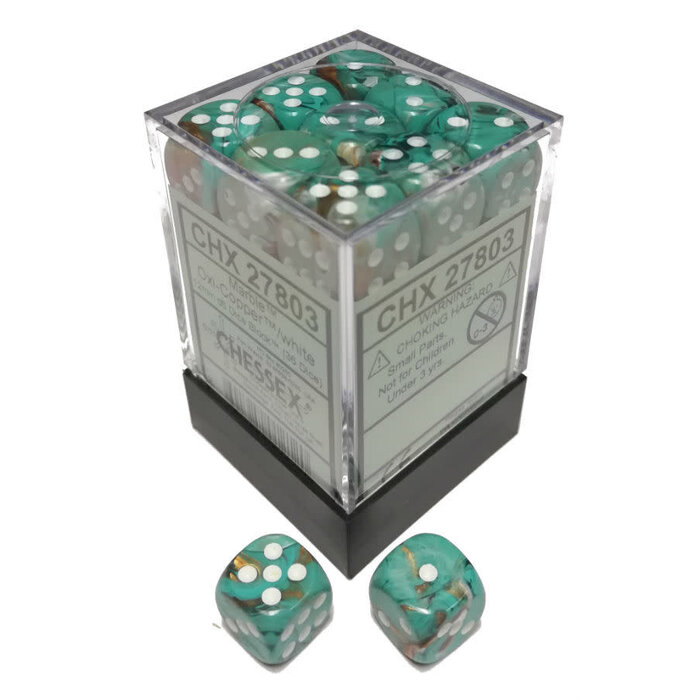 Chessex 36d6 Dice Block (12mm):  Marble (Assorted Colours) Oxi-Copper w/ White