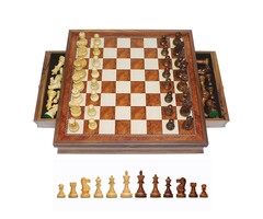 Wood Expressions Chess Set 19" - Hand Carved Camphor Grand English Style With Storage Drawers