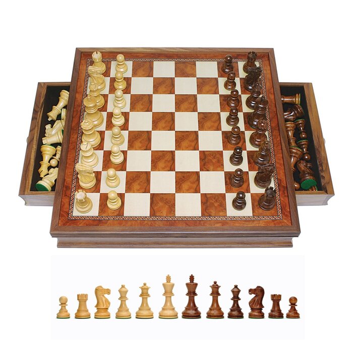 Wood Expressions Chess Set 19" - Hand Carved Camphor Grand English Style With Storage Drawers