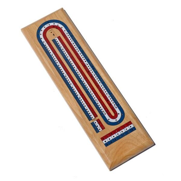 Wood Expressions Classic Cribbage Set - Solid Wood Tricolor (Red, White, Blue) Continuous 3 Track Board with Metal Pegs