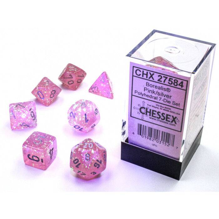 Chessex 7-Piece RPG Dice Set - Pink w/ Silver Luminary