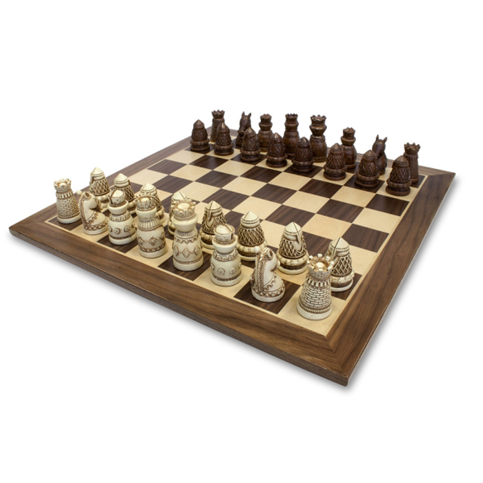 Wood Expressions Chess Set -  Medieval Style with Wooden Board
