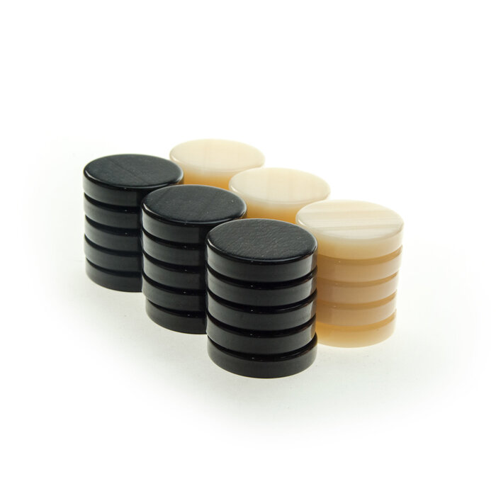 Wood Expressions Mother of Pearl Acrylic Backgammon Checkers/Chips Black & Cream - 1.5 Inch Diameter