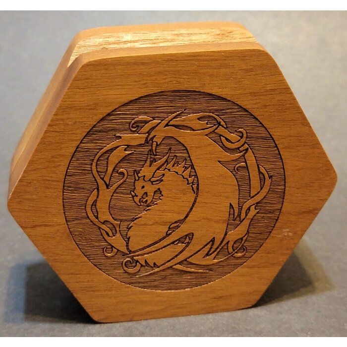 Fifteen4Two Ventures Hexagonal Dark Wood Dice Box - Wyrm Print