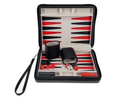 Wood Expressions Backgammon Set 9" Black Leatherette with Grey Stripe