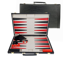 Wood Expressions Backgammon Set 18" Black Leatherette with Grey Stripe