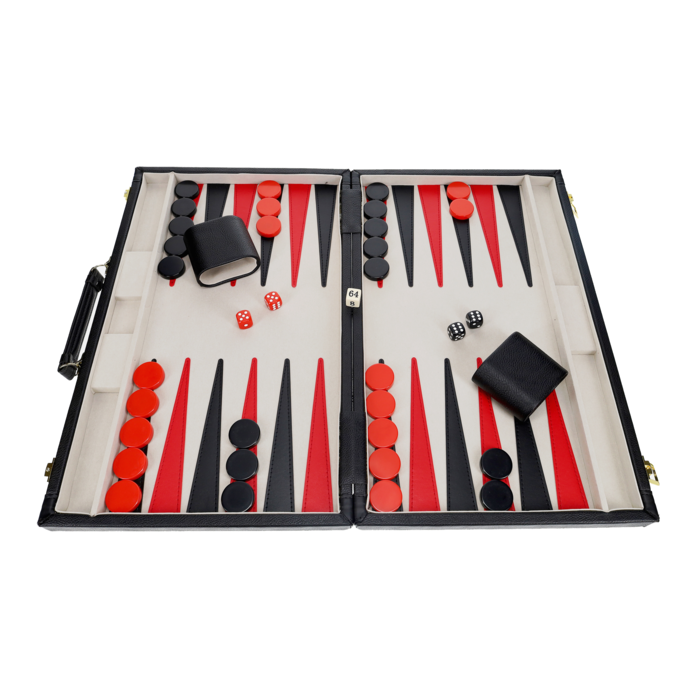 Wood Expressions Backgammon Set 21" Black Leatherette with Grey Stripe