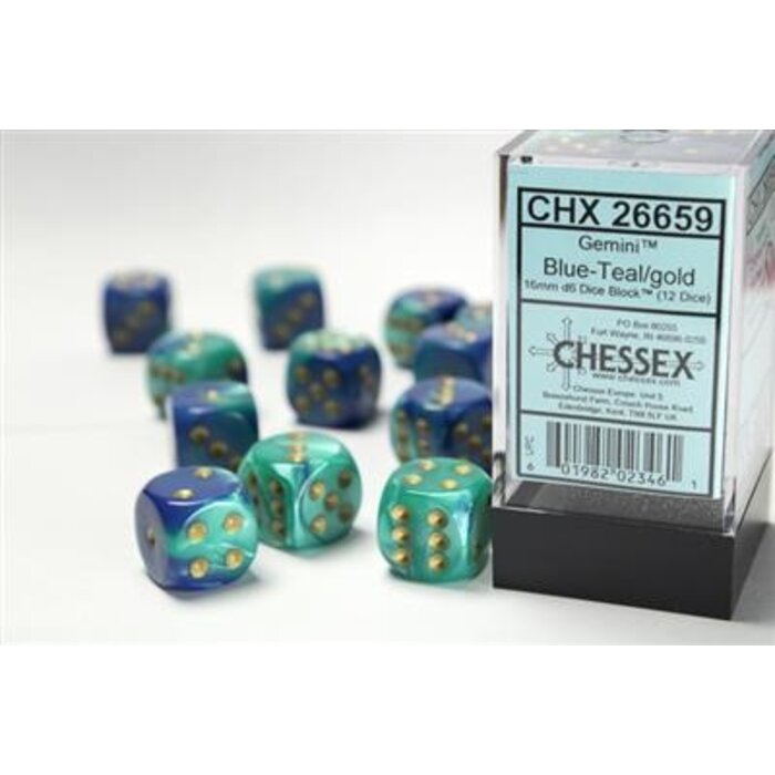 Chessex 12d6 Dice Block (16mm): Gemini Gold Pipped (Assorted Colours)