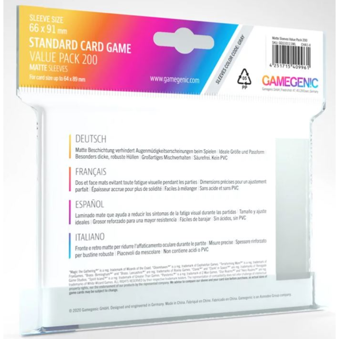 GameGenic Sleeves - 66x91mm GameGenic Matte Value Pack - 200/pk (Standard CCG, Gray)