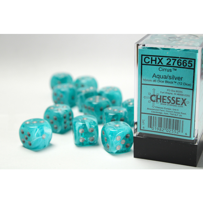 Chessex 12d6 Dice Block (16mm): Cirrus (Assorted Colours) Aqua w/ Silver