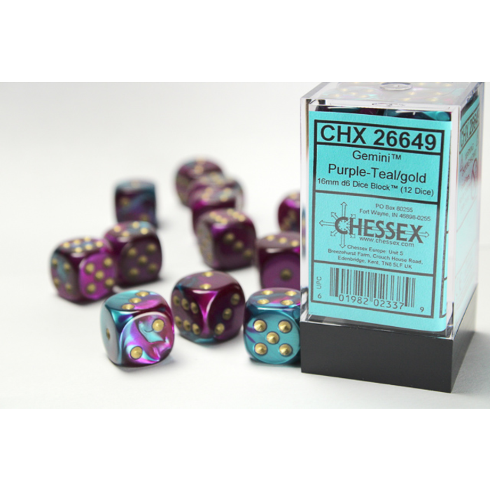 Chessex 12d6 Dice Block (16mm): Gemini Gold Pipped (Assorted Colours)