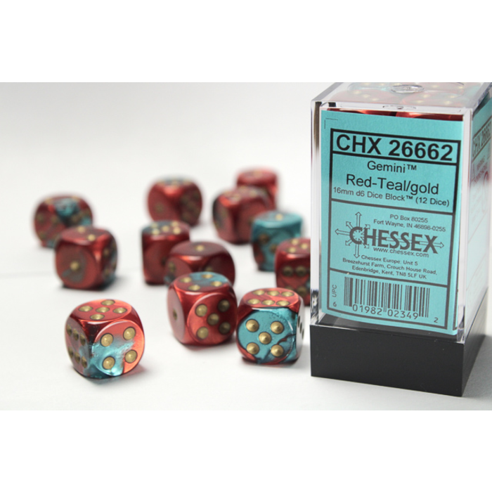 Chessex 12d6 Dice Block (16mm): Gemini Gold Pipped (Assorted Colours)