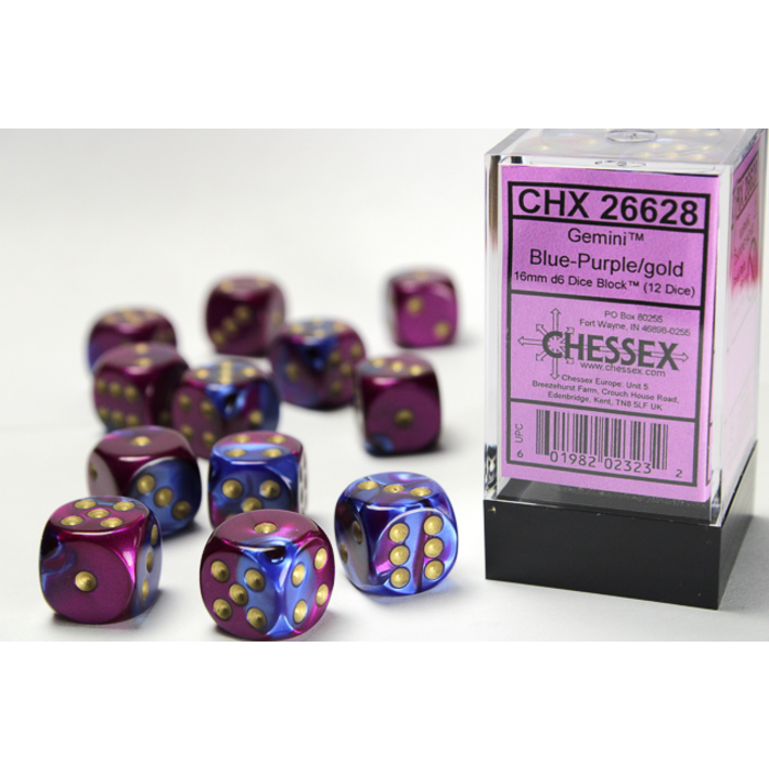 Chessex 12d6 Dice Block (16mm): Gemini Gold Pipped (Assorted Colours)