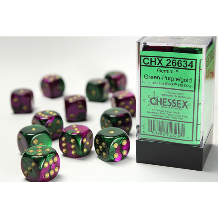 Chessex 12d6 Dice Block (16mm): Gemini Gold Pipped (Assorted Colours)