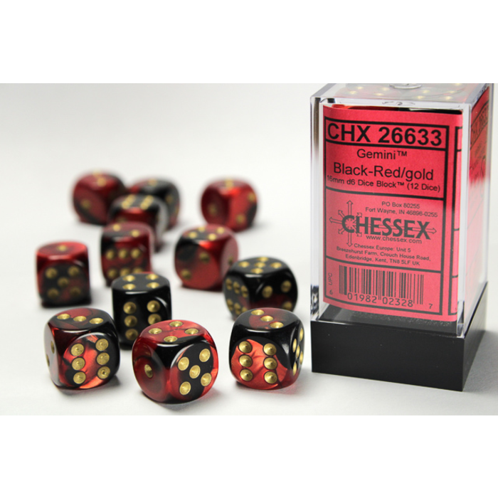 Chessex 12d6 Dice Block (16mm): Gemini Gold Pipped (Assorted Colours)